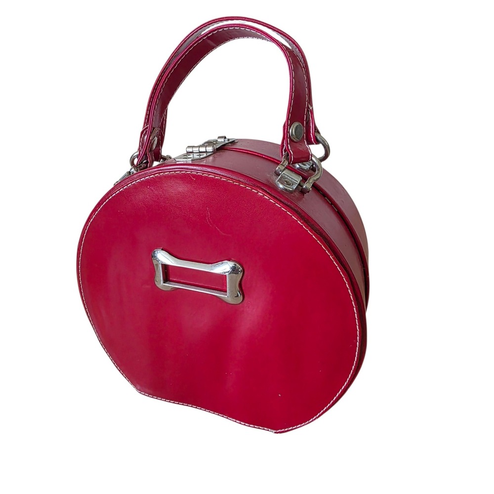PortablePET Vintage Red Faux Leather Pet Bowl Luggage Set Dog Bone Paw Print